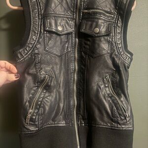 Guess hooded Black Leather Vest with zipper pocket detail